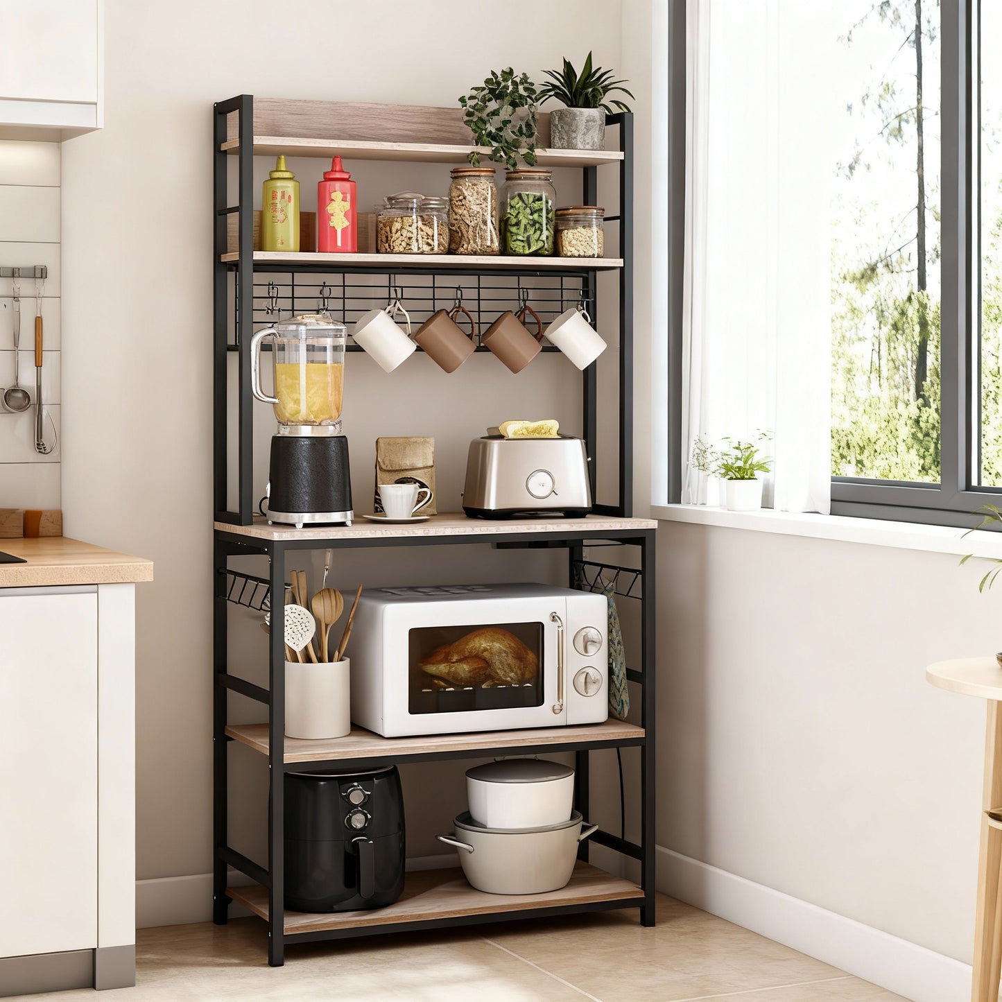 Baker’s Rack with Power Outlet, Tall Kitchen Utility Shelf with Adjustable Middle Shelf, 14 Hooks, Microwave Stand, Heather Greige and Ink Black