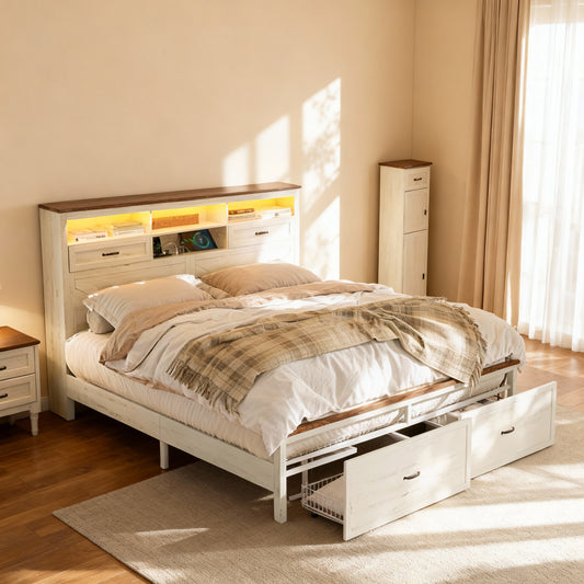 Farmhouse King Bed Frame with Storage Headboard, 4 Drawers, LED Lighting, Built-In Charging Station, Noise-Free, Rustic White