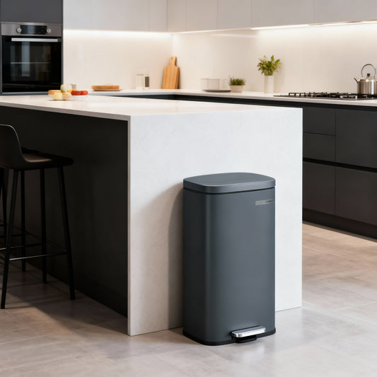 8-Gallon Stainless Steel Trash Can with Soft-Close Lid, Step Pedal, Inner Bucket, Kitchen Waste Bin, Slim Design, Greenish Gray