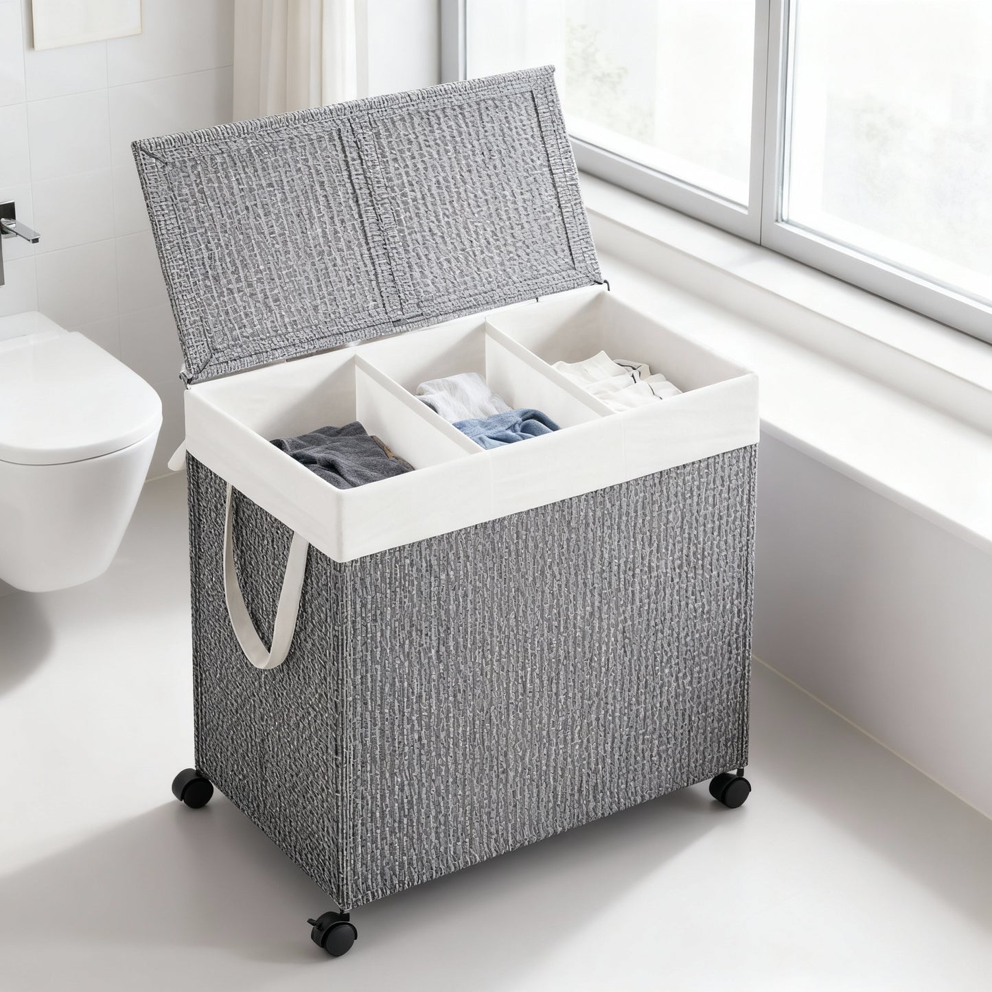 Laundry Hamper with 3 Sections, Large 140L Rolling Clothes Basket with Lid, Removable Liner, Wheels, Rattan-Style, Dove Gray and White