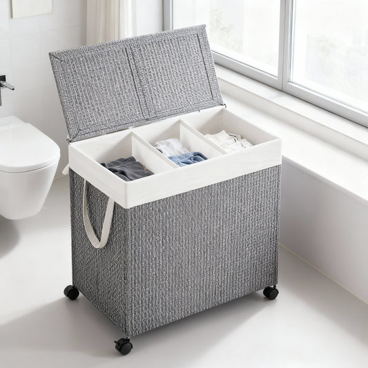 Laundry Hamper with 3 Sections, Large 140L Rolling Clothes Basket with Lid, Removable Liner, Wheels, Rattan-Style, Dove Gray and White