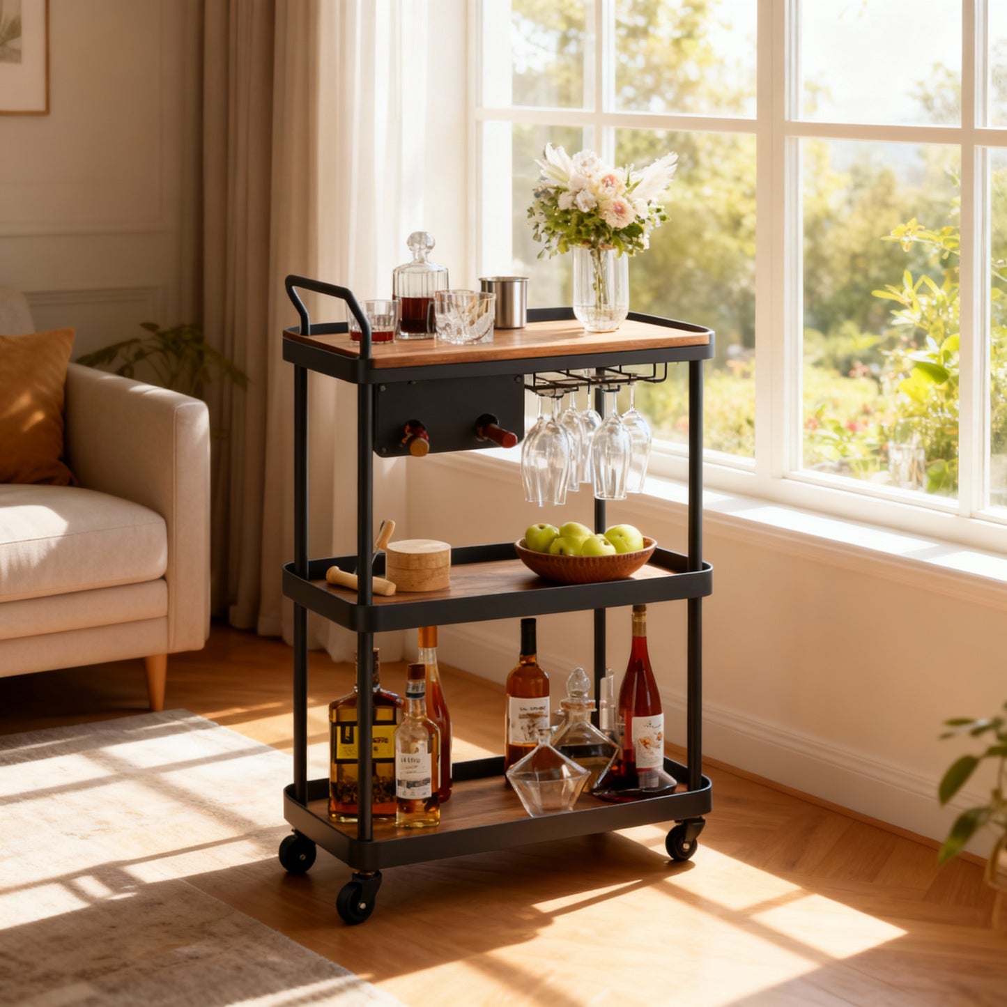 Bar Cart with 3-Tier Shelves, Rolling Serving Cart with Wine Rack and Glass Holder, Flexible Beverage and Microwave Cart, Natural Walnut and Black