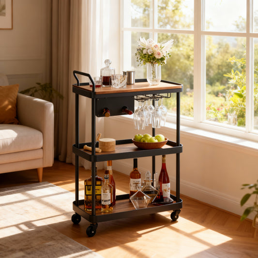 Bar Cart with 3-Tier Shelves, Rolling Serving Cart with Wine Rack and Glass Holder, Flexible Beverage and Microwave Cart, Natural Walnut and Black