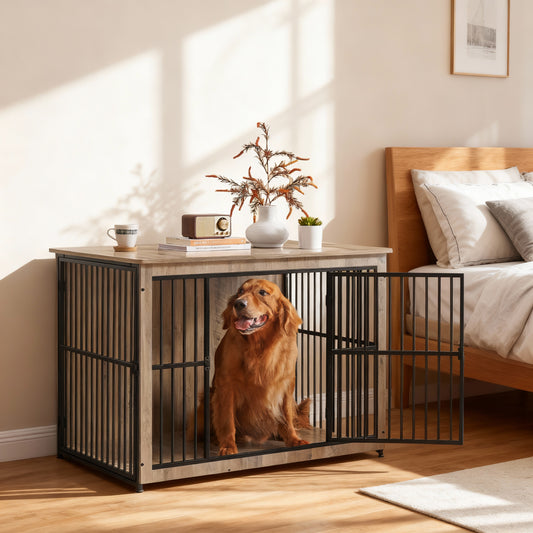 43.3-Inch Double-Door Dog Crate Furniture with Enclosed Base, Heavy-Duty Kennel for Dogs up to 80 lb, Greige