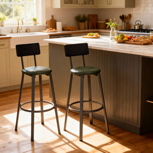 Bar Stools Set of 2, PU Upholstered Breakfast Chairs with Backrest & Footrest, 29.7-Inch Counter Bar Stools, Simple Assembly, Black and Forest Green