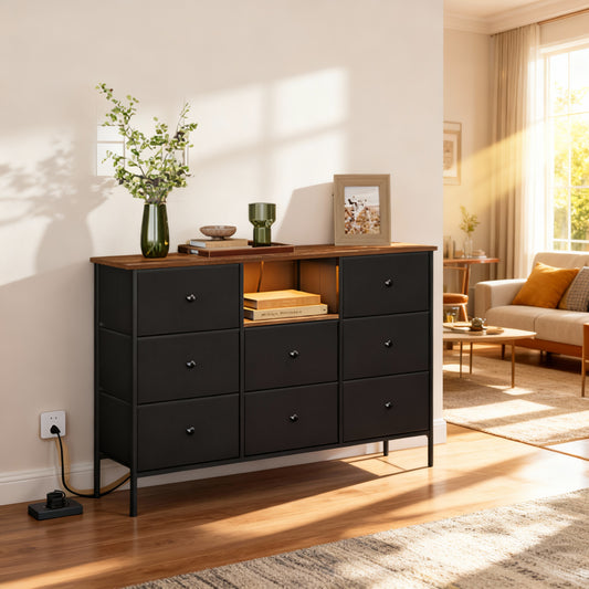 Fabric Dresser with Power Outlets and LED Lights, 8-Drawer TV Stand for up to 60” TVs, Storage Chest with Adjustable Feet, Ink Black and Rustic Brown