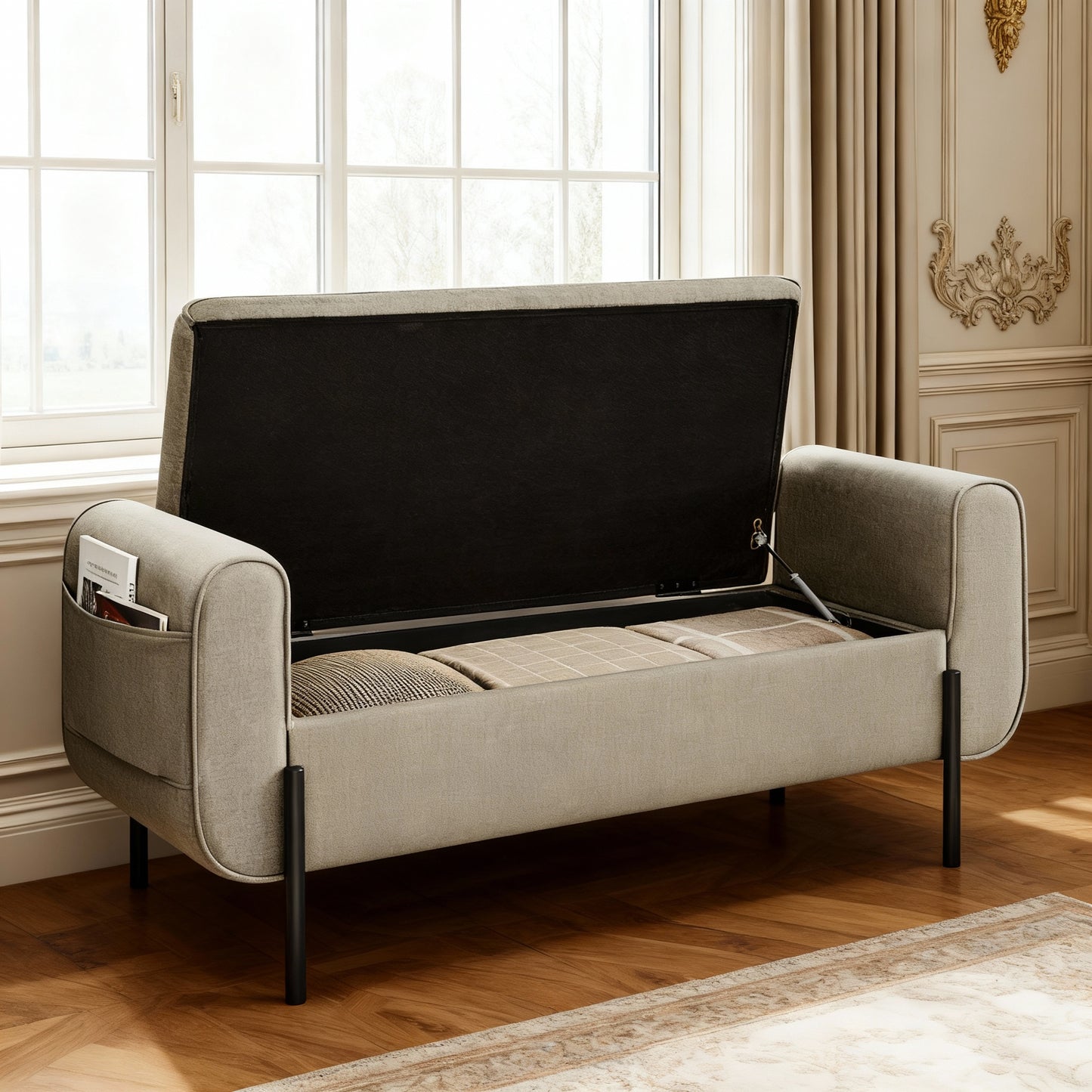 Storage Ottoman Bench with Armrests, Upholstered Entryway and Bedroom Storage Seat, 20-Gallon Hidden Compartment, Steel Legs, Camel Brown