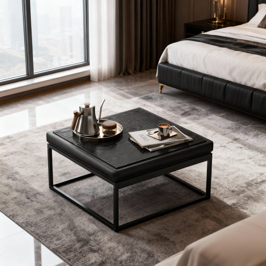 Reversible-Top Ottoman with Steel Frame and Adjustable Feet, Supports 660 lb, Multifunctional Square Coffee Table or Footstoo, Ink Black