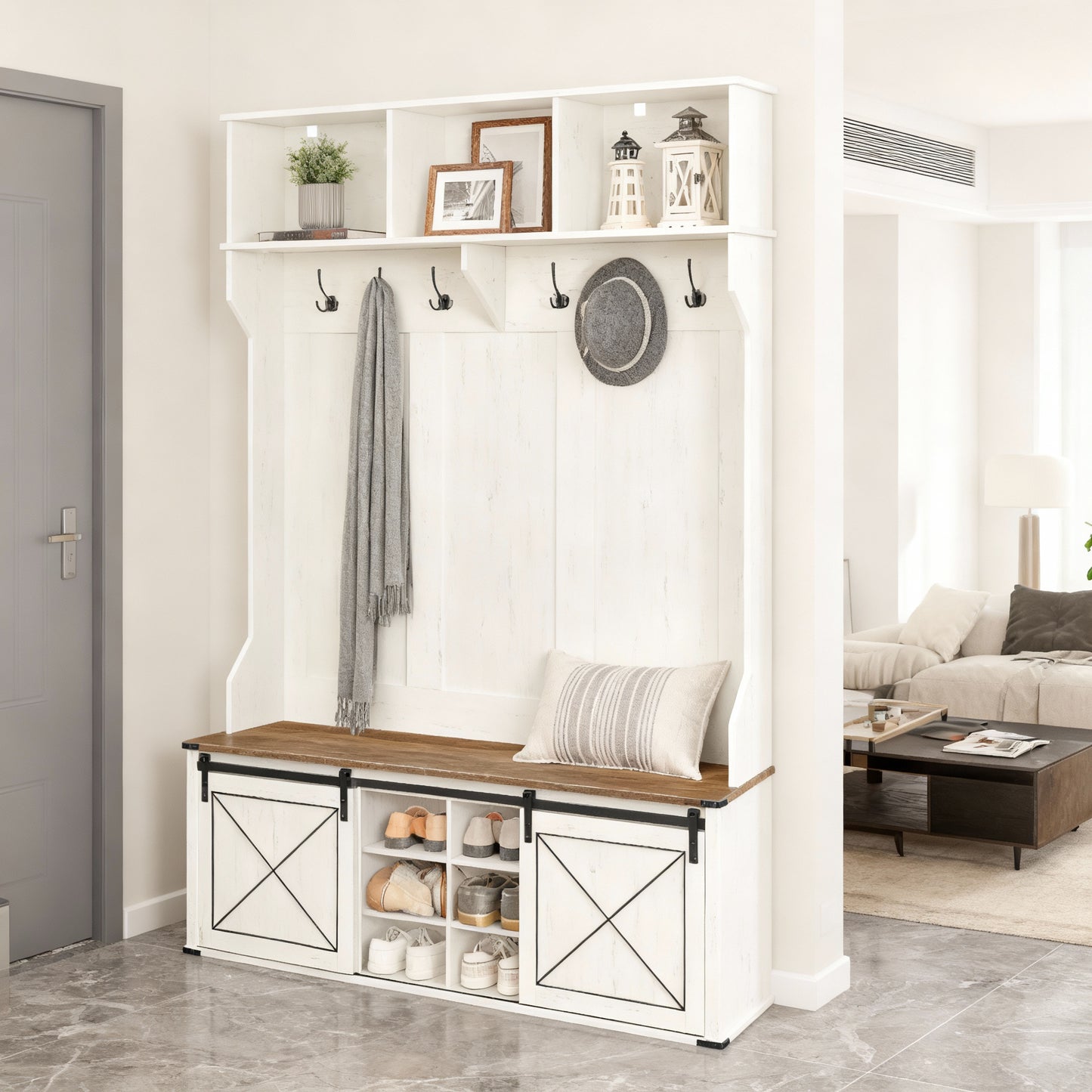 Farmhouse Hall Tree with Bench, 6 Tri-Hooks, Adjustable Shoe Storage & Sliding Door, Entryway Organizer, Rustic White and Honey Brown