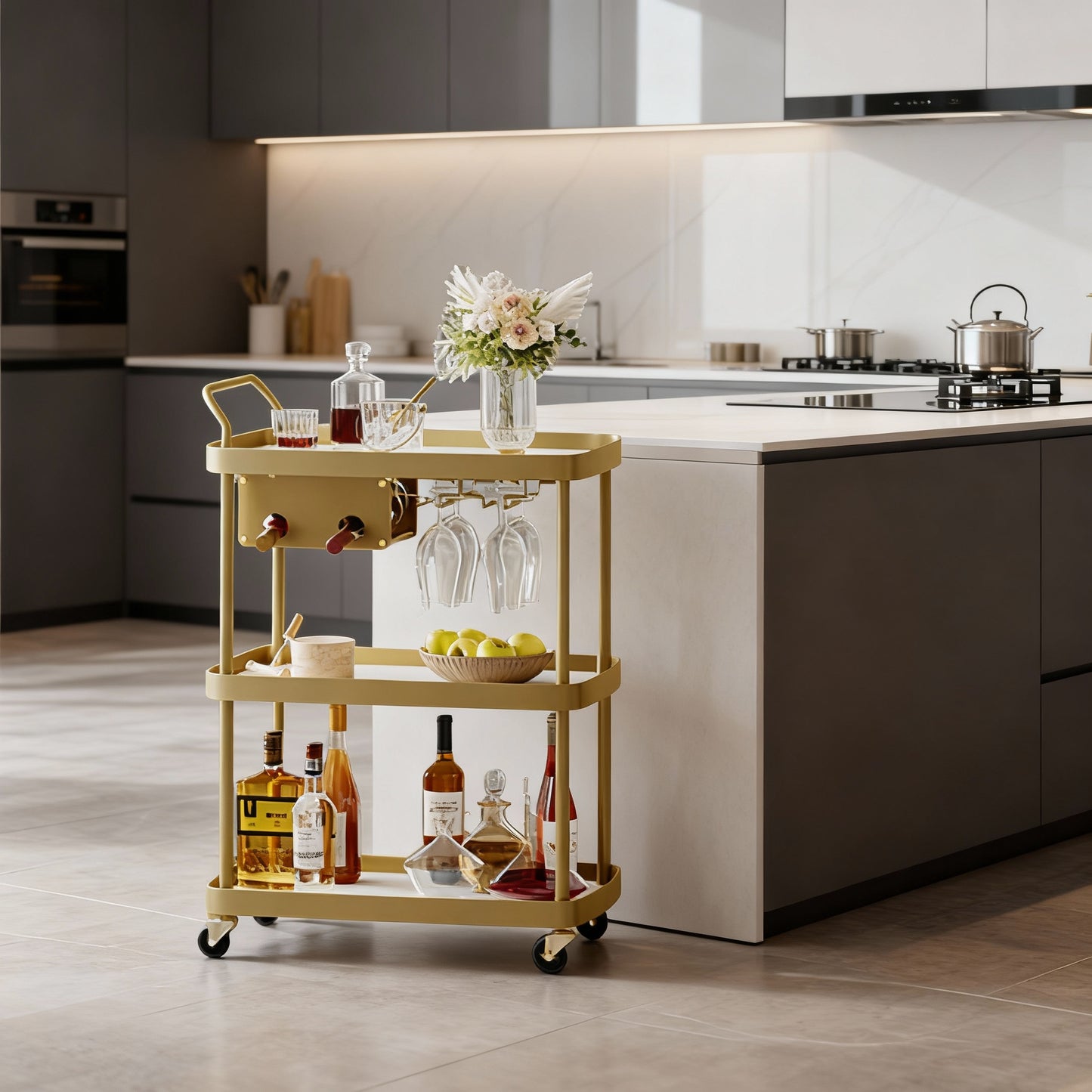 Bar Cart with 3-Tier Shelves, Rolling Serving Cart with Wine Rack and Glass Holder, Flexible Beverage and Microwave Cart, Marble White and Pale Gold