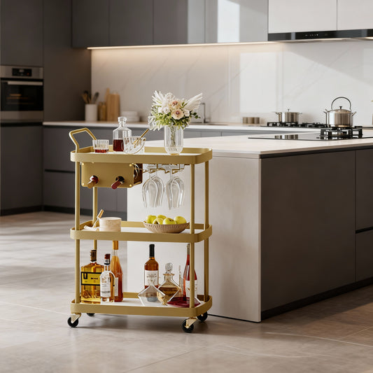 Bar Cart with 3-Tier Shelves, Rolling Serving Cart with Wine Rack and Glass Holder, Flexible Beverage and Microwave Cart, Marble White and Pale Gold