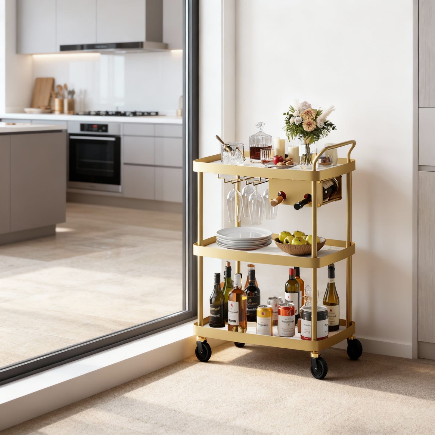 Bar Cart with 3-Tier Shelves, Rolling Serving Cart with Wine Rack and Glass Holder, Flexible Beverage and Microwave Cart, Marble White and Pale Gold