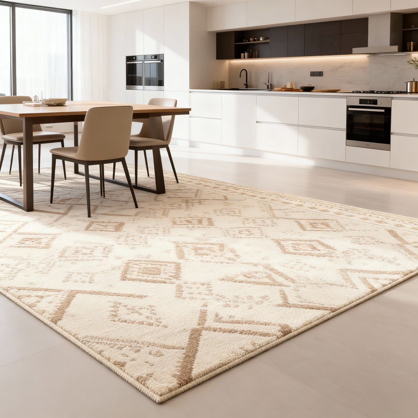 6x9 ft Boho Area Rug with Non-Slip TPR Backing, Machine Washable Polyester Fabric, for Living Room and Bedroom, Sand Beige