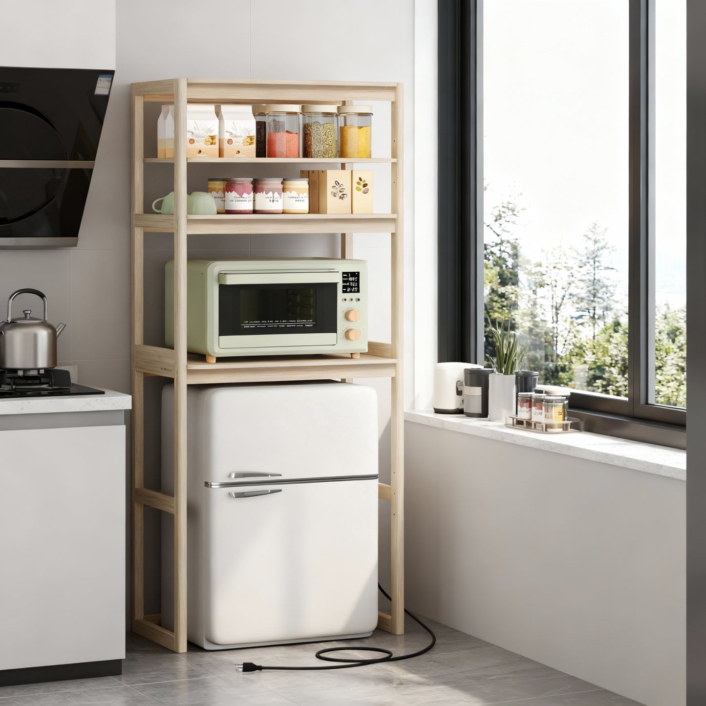 4-Tier Kitchen Bakers Rack with Power Outlet & Adjustable Shelf, Mini Fridge and Microwave Stand, 66.9 Inch Height, Natural Beige