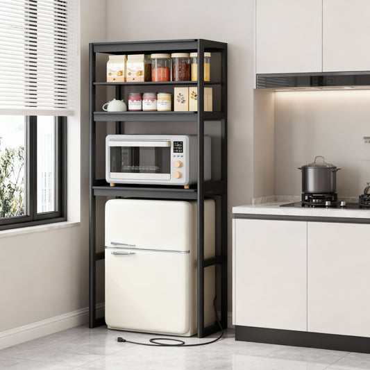 4-Tier Kitchen Bakers Rack with Power Outlet & Adjustable Shelf, Mini Fridge and Microwave Stand, 66.9 Inch Height, Ink Black