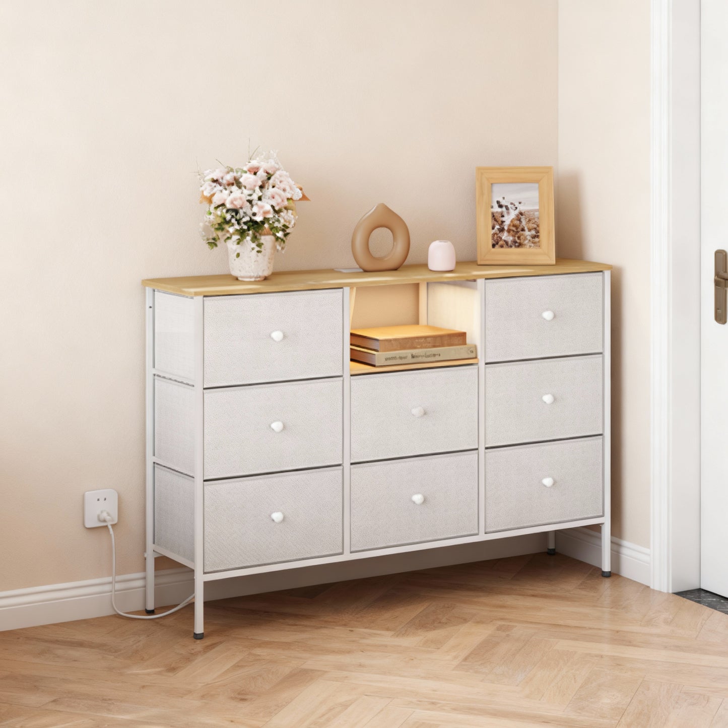 Fabric Dresser with Power Outlets and LED Lights, 8-Drawer TV Stand for up to 60” TVs, Storage Chest with Adjustable Feet, Cloud White and Oak Beige