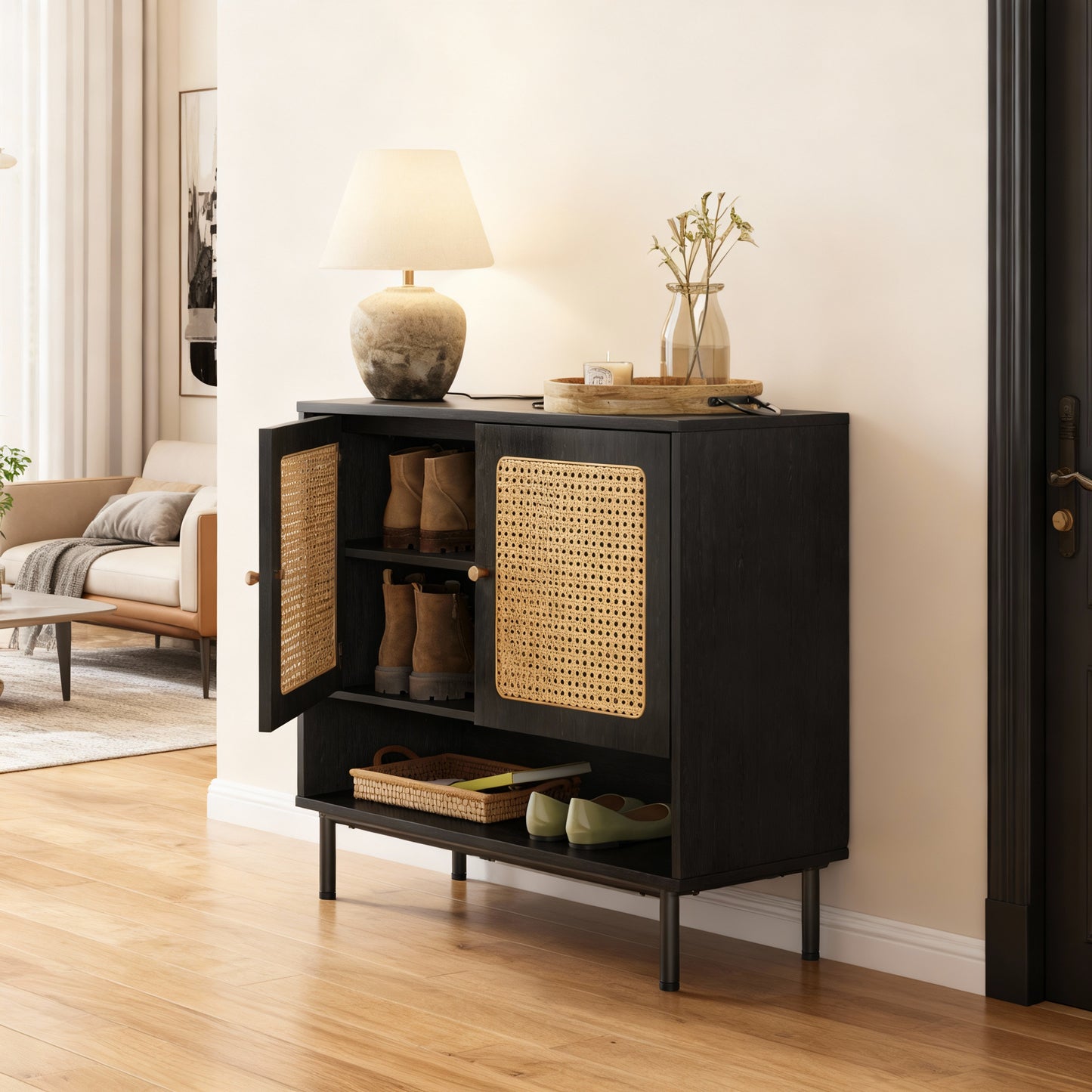 3-Tier Boho Shoe Cabinet with Rattan Design and Adjustable Shelves, 165 lb Capacity, Steel Leg Frame, Ash Black