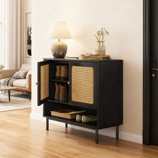 3-Tier Boho Shoe Cabinet with Rattan Design and Adjustable Shelves, 165 lb Capacity, Steel Leg Frame, Ash Black