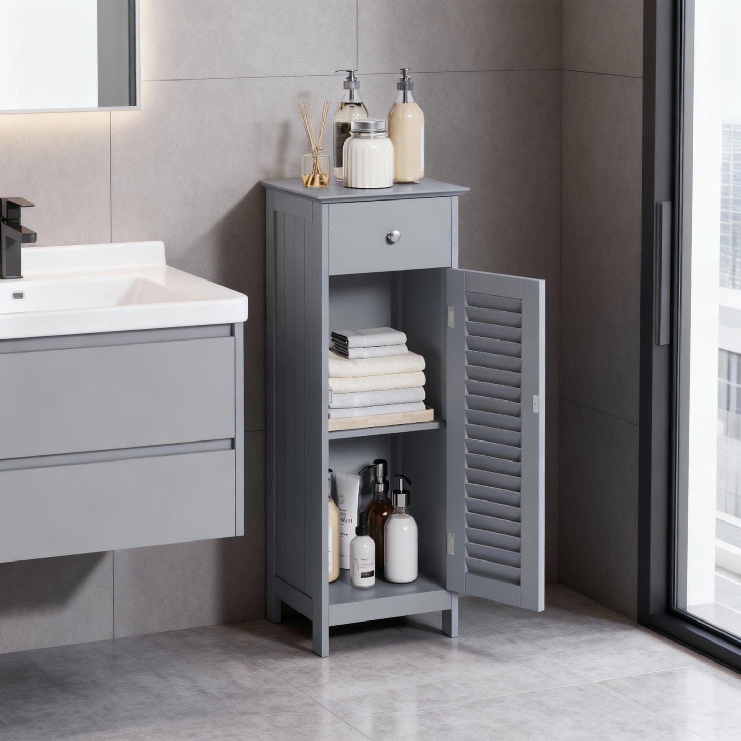 Slim Floor Cabinet with Drawer and Shutter Door, 34.3-Inch Tall Storage Organizer with Anti-Tip Kit, Dove Gray