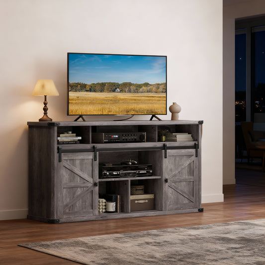 65-Inch TV Stand with Sliding Barn Doors, Farmhouse Entertainment Console with Built-In Charging Station and Adjustable Shelves, Misty Gray