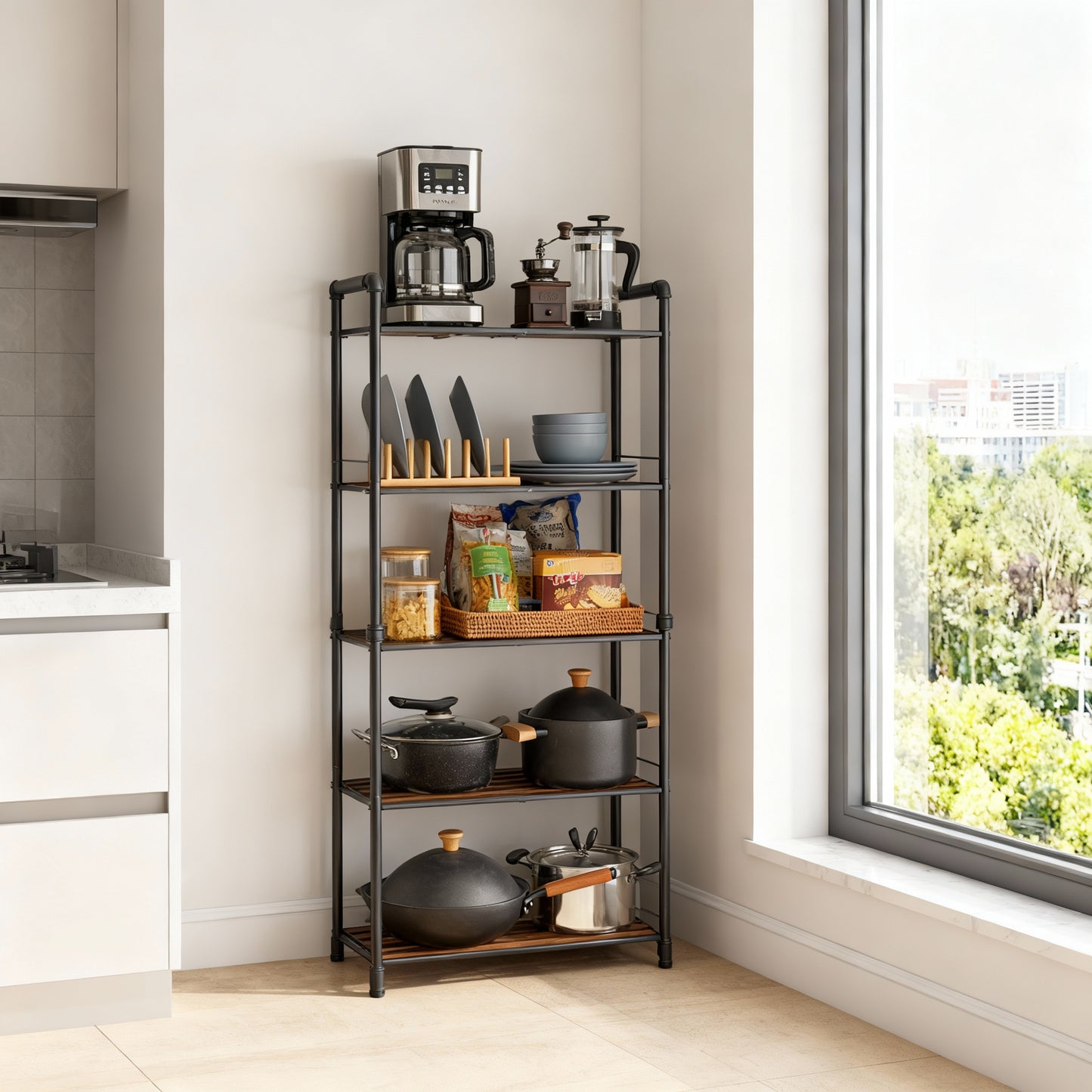 5-Tier Water-Resistant Storage Rack, Steel Frame with PVC Shelves, 11 lb per Shelf Capacity, Modular Design, Rustic Brown and Black