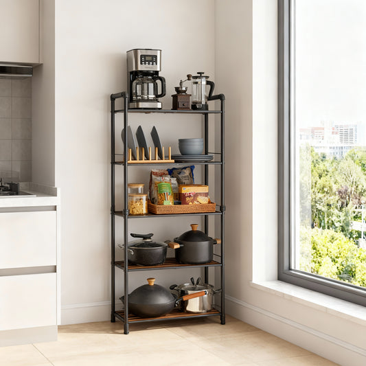 5-Tier Water-Resistant Storage Rack, Steel Frame with PVC Shelves, 11 lb per Shelf Capacity, Modular Design, Rustic Brown and Black