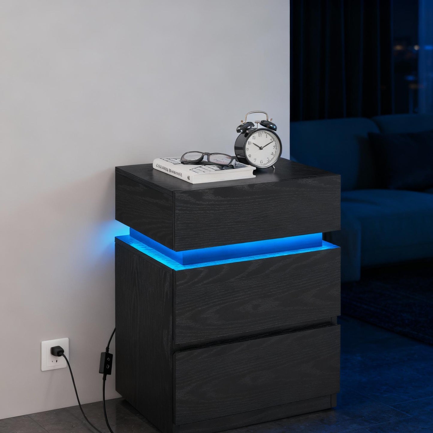 LED Nightstand with 3 Drawers, Adjustable RGB Light Colors and Modes, Modern Bedside Table with Large Storage and Remote, Side Table, Ebony Black