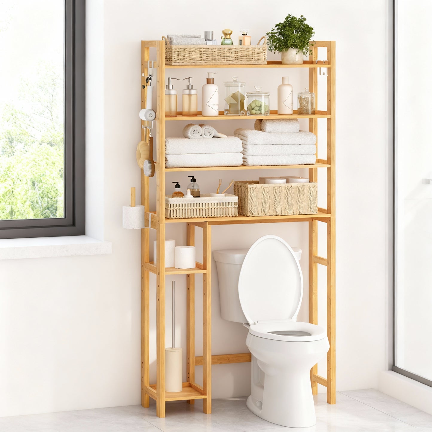 4-Tier Over-The-Toilet Bathroom Storage Organizer with Adjustable Shelves, Hooks, and Toilet Paper Holder, Space-Saving Rack, Natural Beige