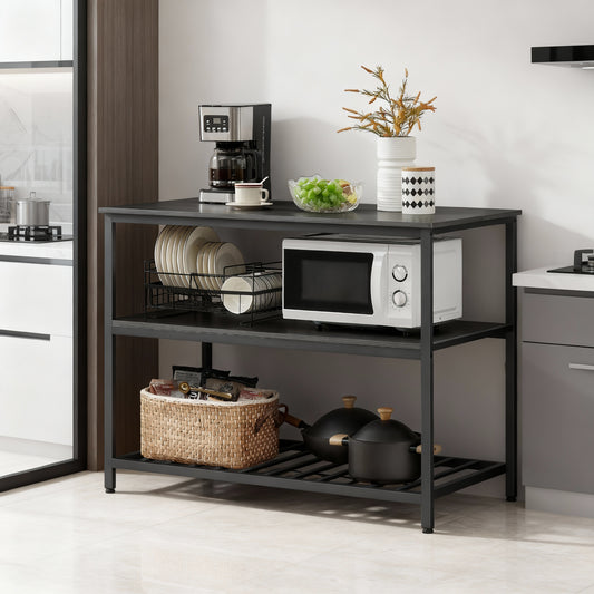 Kitchen Island with 3 Shelves, Large Worktop and Industrial Steel Frame, Multi-Purpose Kitchen Cart and Bar Table, Easy Assembly, Ebonised Oak and Black