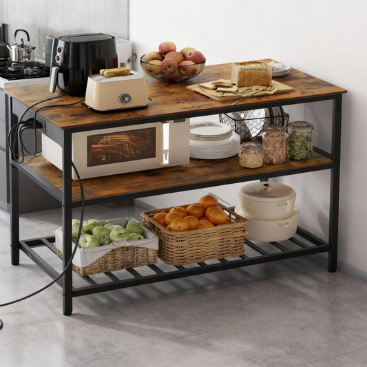Kitchen Island with 3 Shelves, Built-In Power Strip, Large Worktop, Industrial Steel Frame, Multi-Purpose Kitchen Cart, Easy Assembly, Rustic Brown and Black