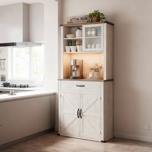 71-Inch Tall Kitchen Pantry Cabinet with Adjustable Lights, Built-In Charging Station, Doors and Drawer, Adjustable Shelves, Farmhouse Coffee Bar, Rustic White