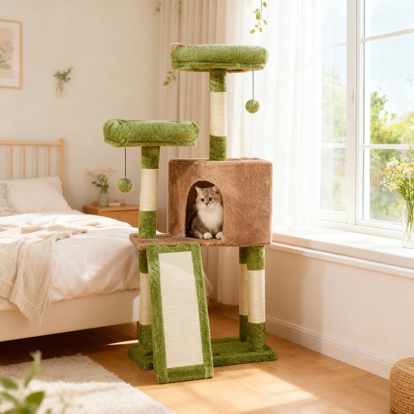 LEDREM Cat Tower, 45.3-Inch Indoor Cat Tree with Scratching Ramp, Perches, Spacious Cat Cave, Multi-Level Condo for Kittens, Adult Cats, Grass Green and Camel Brown
