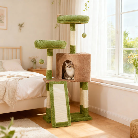 LEDREM Cat Tower, 45.3-Inch Indoor Cat Tree with Scratching Ramp, Perches, Spacious Cat Cave, Multi-Level Condo for Kittens, Adult Cats, Grass Green and Camel Brown