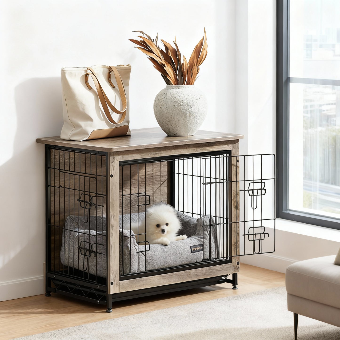 Dog Crate Furniture, 27.2-Inch Indoor Dog Kennel with Double Doors, Removable Tray, Side Table, for Small Dogs up to 30 lb, Greige