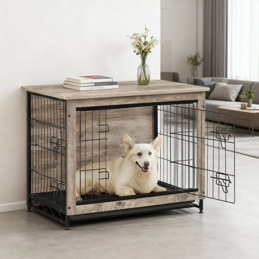 Dog Crate Furniture, 32.5-Inch Indoor Dog Kennel with Double Doors, Removable Tray, Side Table, for Dogs up to 45 lb, Greige