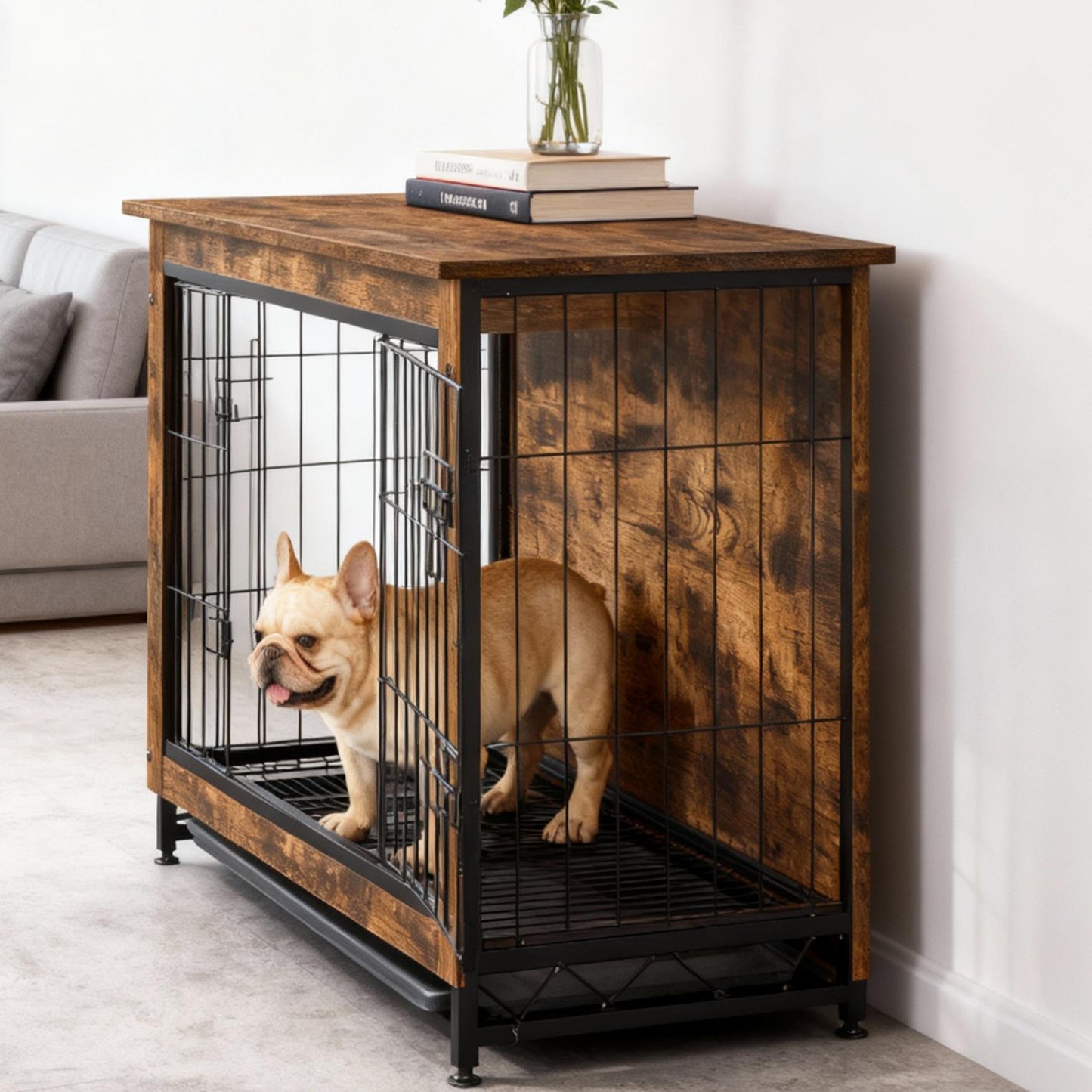 Dog Crate Furniture, 32.5-Inch Indoor Dog Kennel with Double Doors, Removable Tray, Side Table, for Dogs up to 45 lb, Rustic Brown