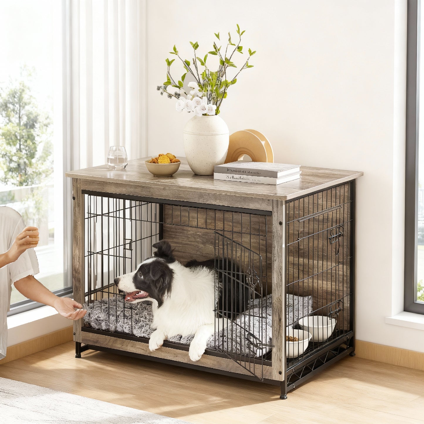 Dog Crate Furniture, 38.6-Inch Indoor Dog Kennel with Double Doors, Removable Tray, Side Table, for Dogs up to 70 lb, Greige