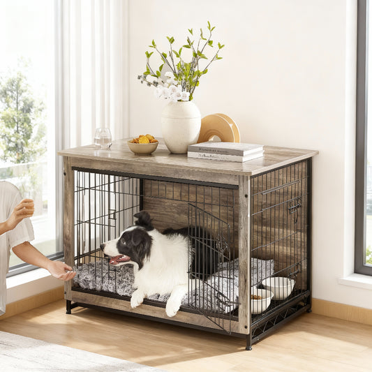 Dog Crate Furniture, 38.6-Inch Indoor Dog Kennel with Double Doors, Removable Tray, Side Table, for Dogs up to 70 lb, Greige