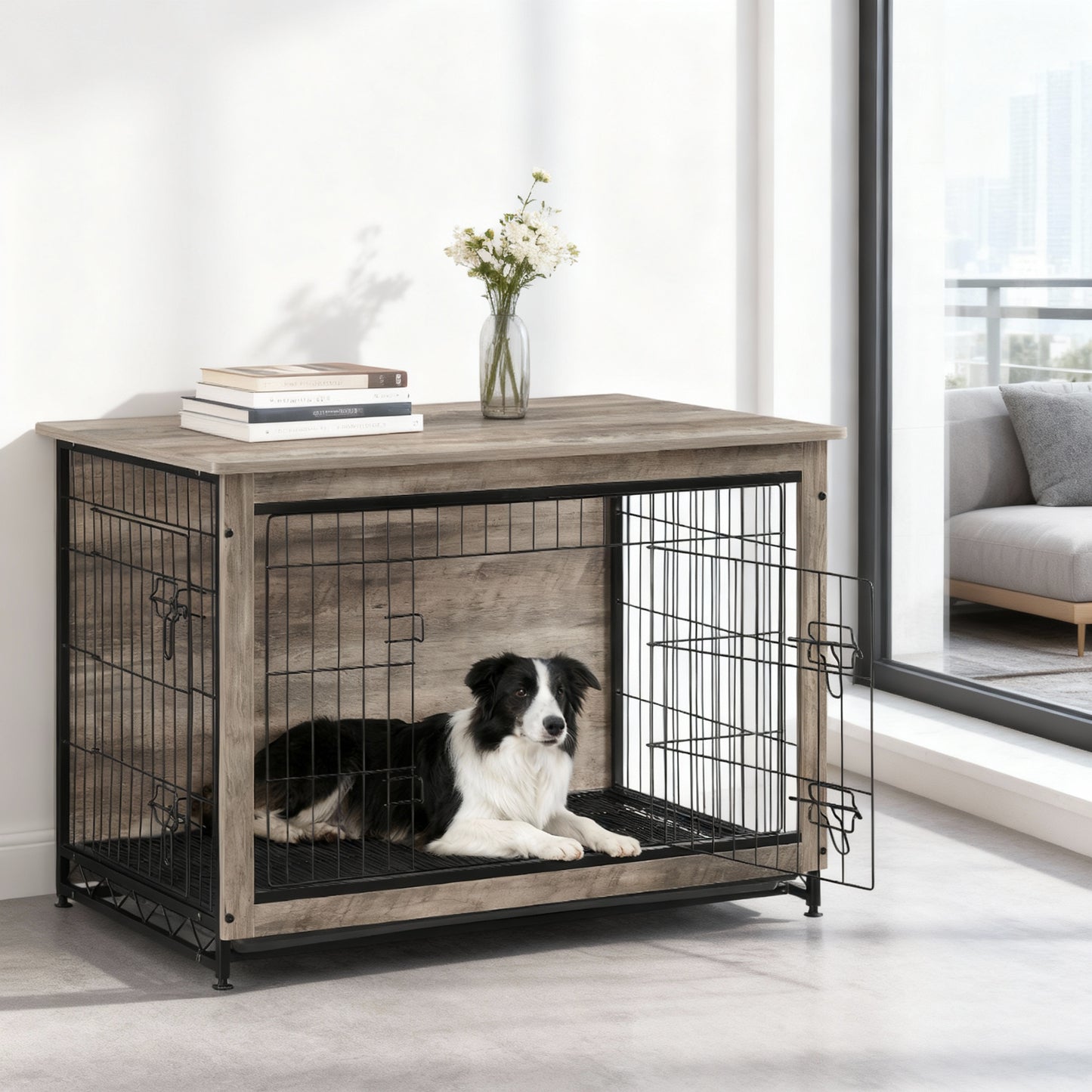 Dog Crate Furniture, 38.6-Inch Indoor Dog Kennel with Double Doors, Removable Tray, Side Table, for Dogs up to 70 lb, Greige