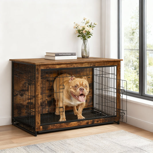 Dog Crate Furniture, 38.6-Inch Indoor Dog Kennel with Double Doors, Removable Tray, Side Table, for Dogs up to 70 lb, Rustic Brown