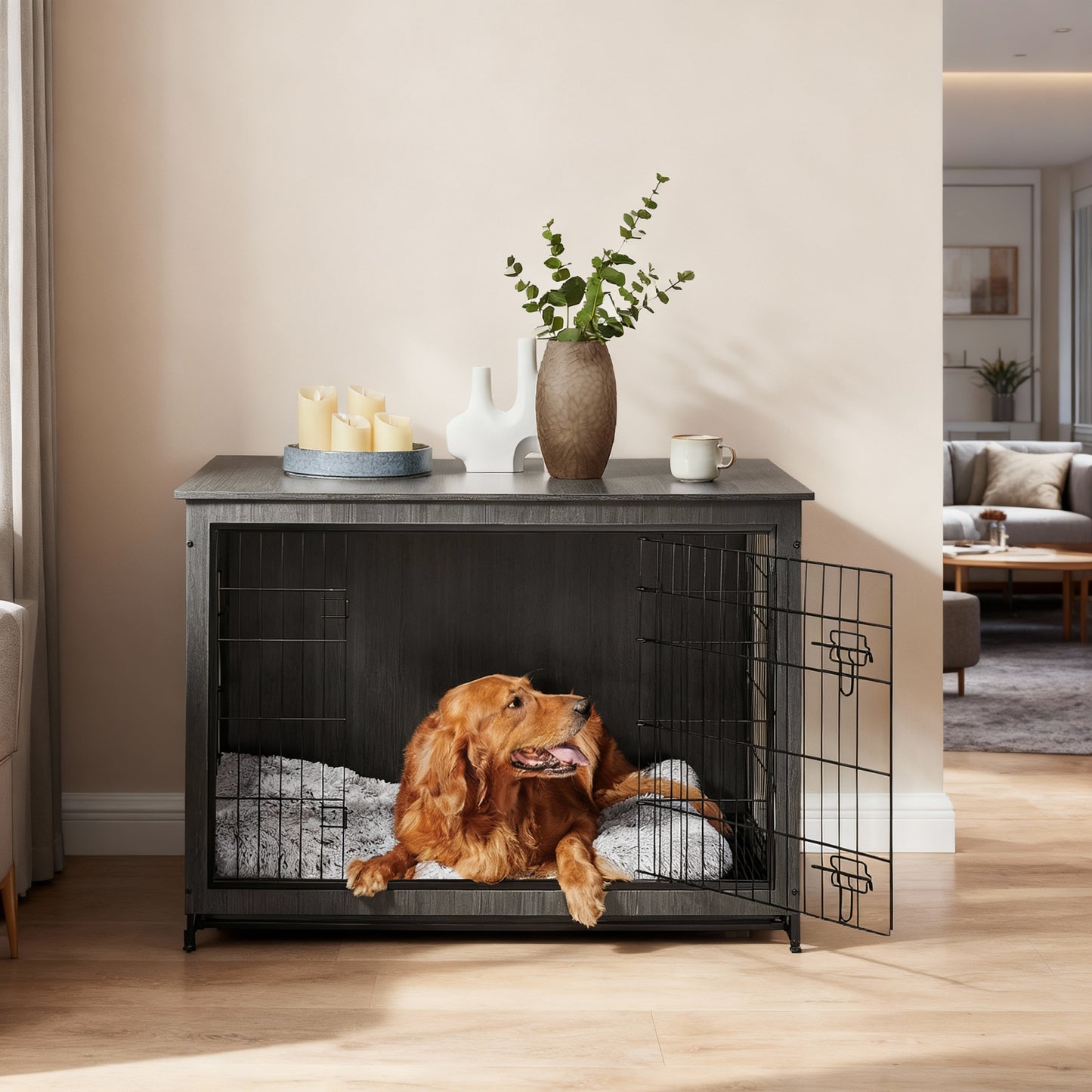Furniture-Style Dog Crate with Double Doors, Heavy-Duty Metal Frame, Indoor End Table Design, Front & Side Access, Removable Tray, for Large Dogs up to 80 lb, Ink Black