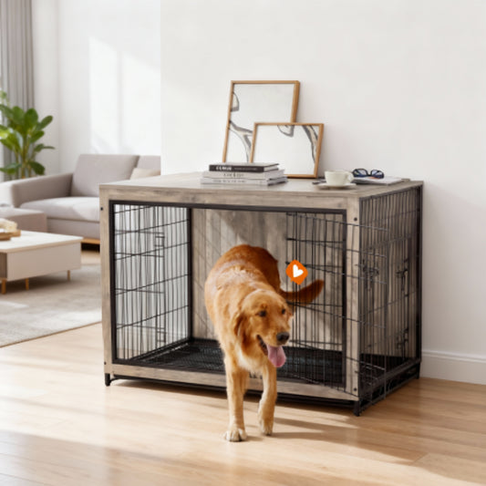 Furniture-Style Dog Crate with Double Doors, Heavy-Duty Metal Frame, Indoor End Table Design, Front & Side Access, Removable Tray, for Large Dogs up to 80 lb, Greige