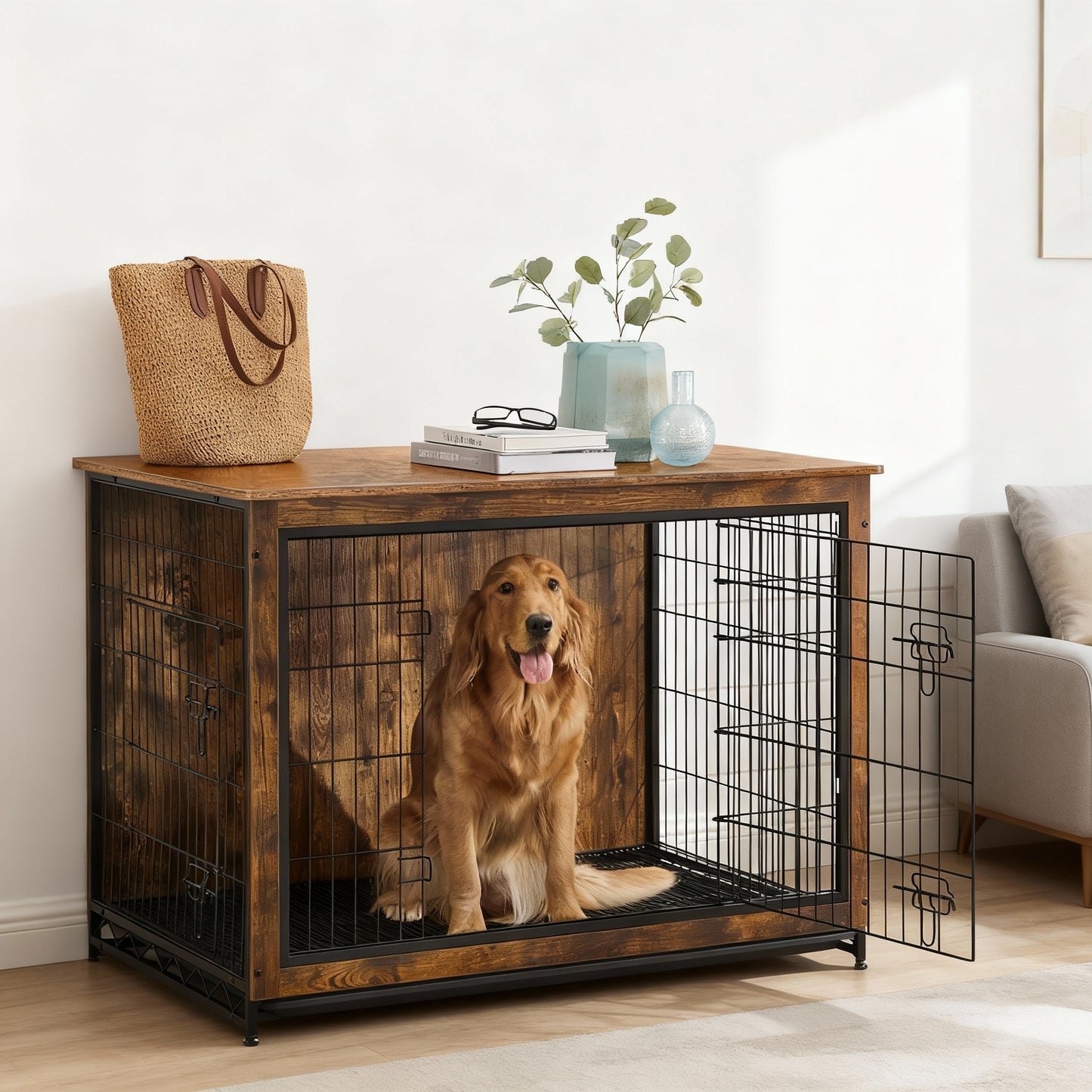 Furniture-Style Dog Crate with Double Doors, Heavy-Duty Metal Frame, Indoor End Table Design, Front & Side Access, Removable Tray, for Large Dogs up to 80 lb, Rustic Brown
