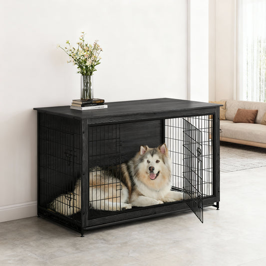 Extra-Large Furniture Style Dog Crate with Double Doors, Heavy-Duty Metal Frame, Indoor Display Table Design, Removable Tray, for Giant Dogs up to 105 lb, Ink Black
