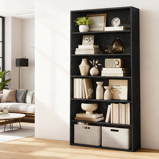 6-Tier Wide Bookshelf with Adjustable Open Shelves, Tall Bookcase for Living Room Home Office Dining Room, Space-Saving, Ebony Black
