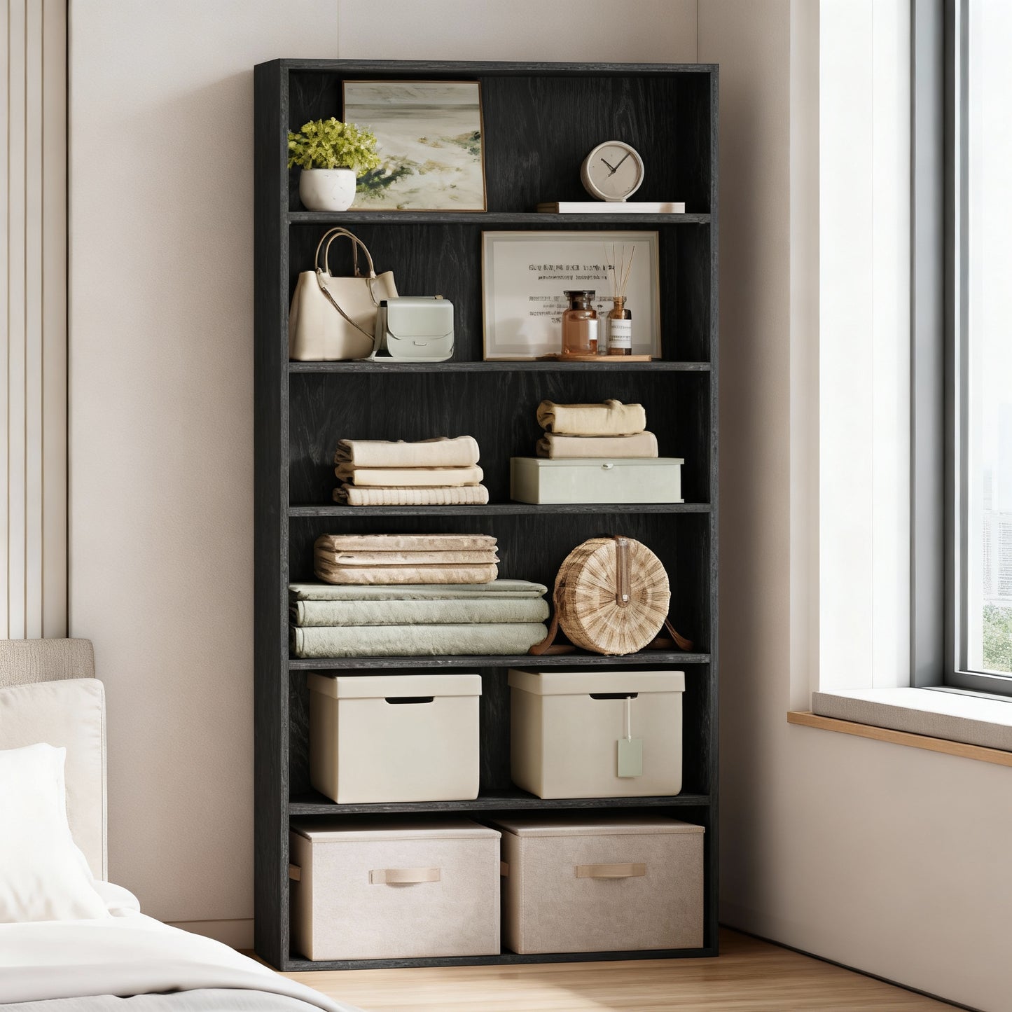 6-Tier Wide Bookshelf with Adjustable Open Shelves, Tall Bookcase for Living Room Home Office Dining Room, Space-Saving, Ebony Black