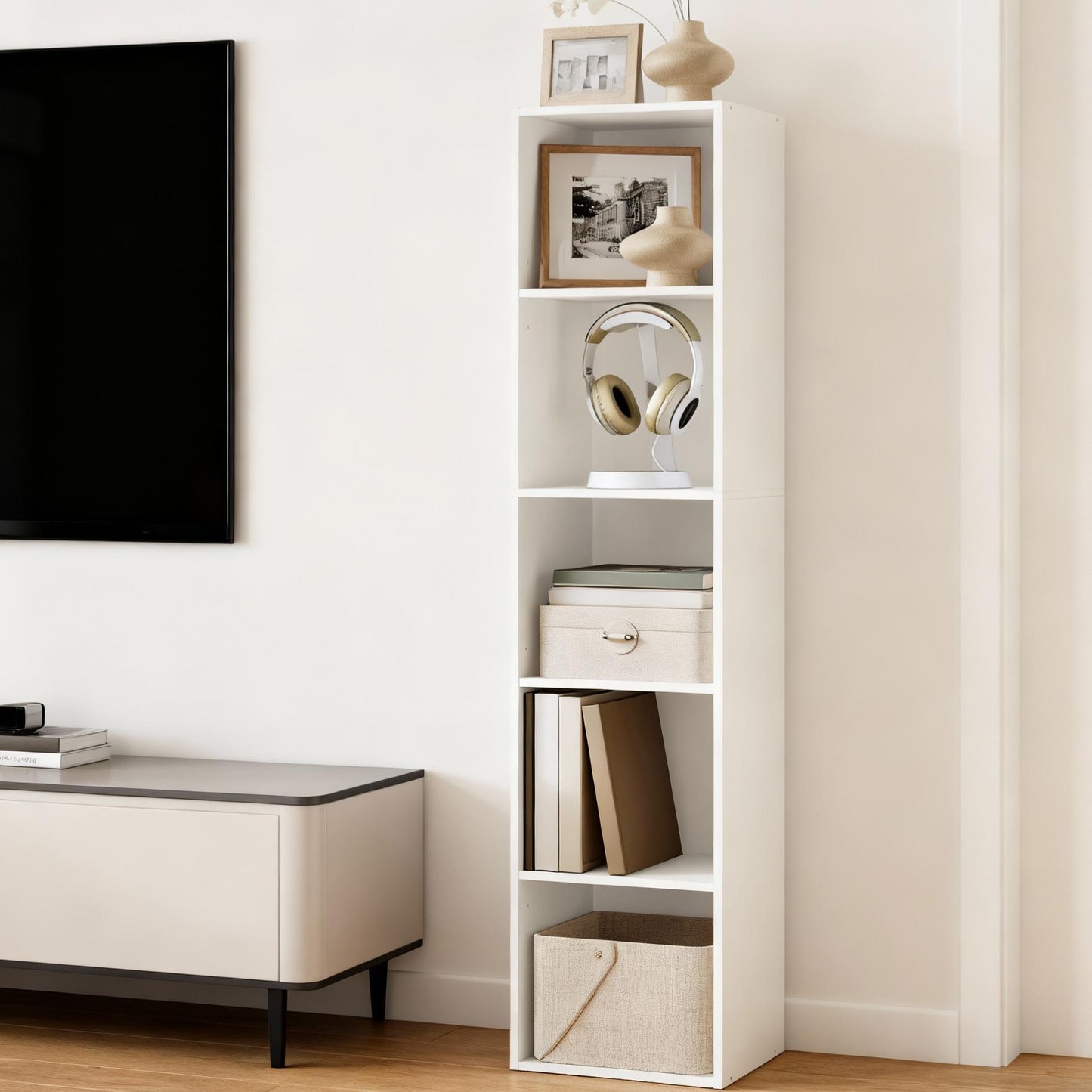 5-Tier Slim Bookshelf with Adjustable Open Shelves, Compact Bookcase for Living Room Home Office Dining Room, Space-Saving, Cloud White