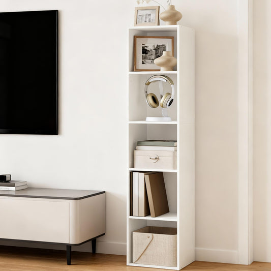 5-Tier Slim Bookshelf with Adjustable Open Shelves, Compact Bookcase for Living Room Home Office Dining Room, Space-Saving, Cloud White