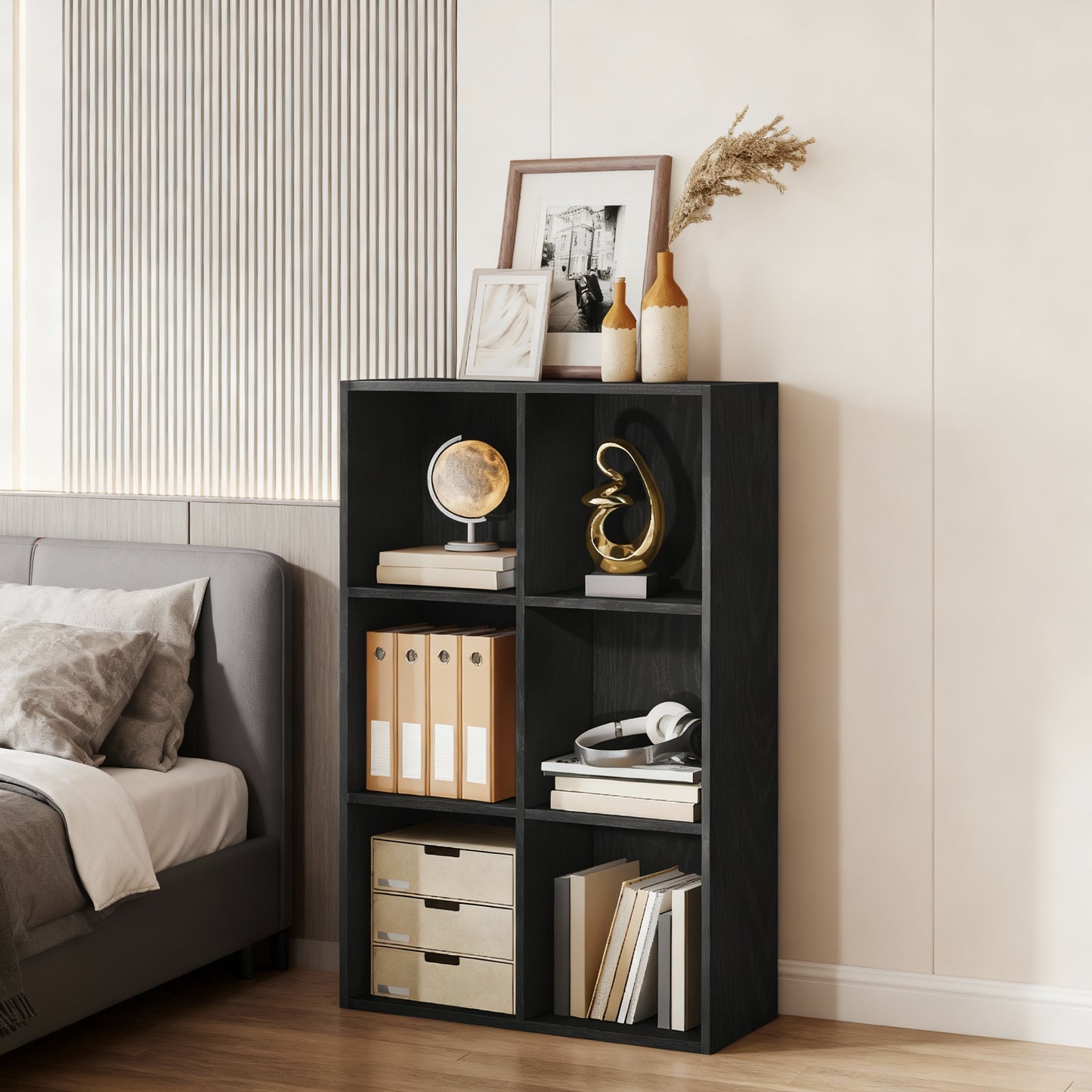 6-Compartment Cube Bookshelf with Open Storage, Multifunctional Bookcase and Display Shelf for Living Room Home Office Dining Room, Ebony Black