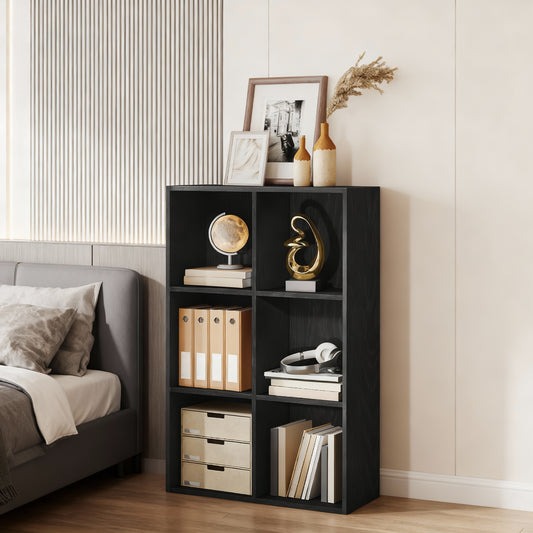 6-Compartment Cube Bookshelf with Open Storage, Multifunctional Bookcase and Display Shelf for Living Room Home Office Dining Room, Ebony Black